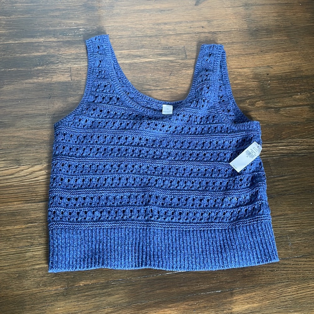 NWT cropped blue open knit crochet tank top